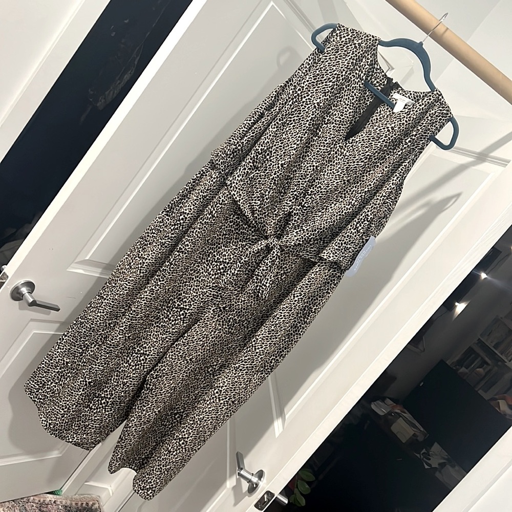 London Times Leopard Print Sleeveless Jumpsuit in Black and Cream